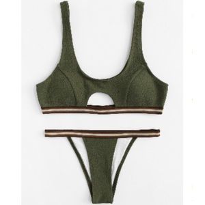 Army hunter green bikini Stripe band cheeky cutout